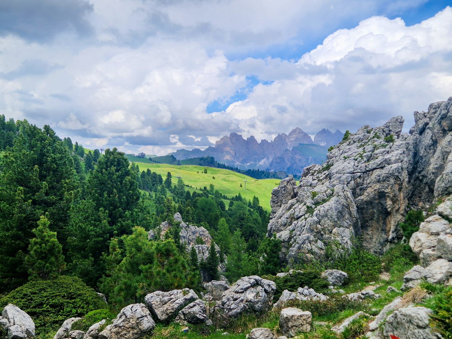 Dolomites in June: itinerary and how to guide 69 Scenic view of the Dolomites with a mix of rocky terrain and lush green hills. Cloudy sky above creates dramatic lighting, and distant mountains are partly visible in the background. Large rocks and pine trees frame the landscape.