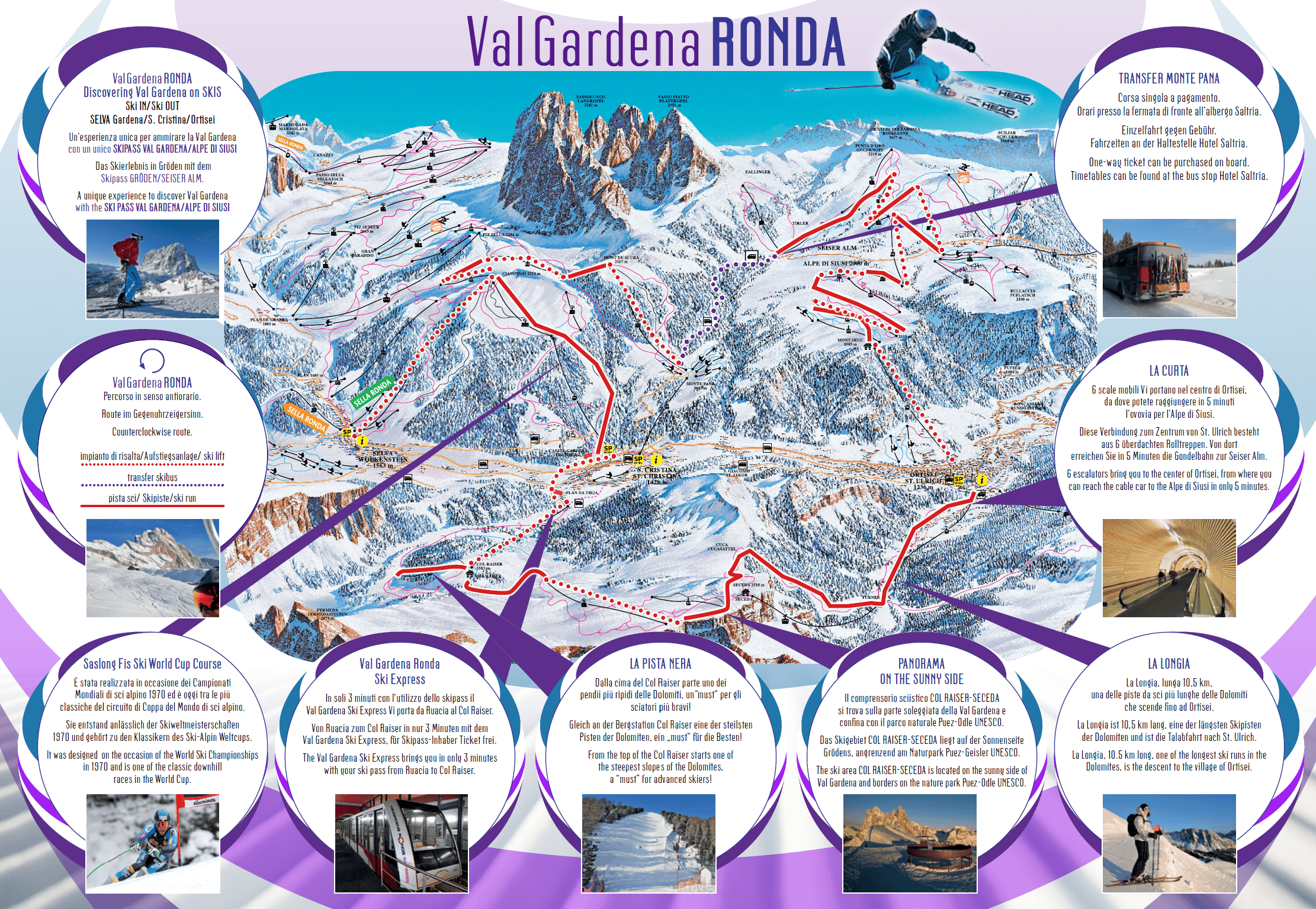 Skiing in Val Gardena and Alpe di Siusi: Ultimate Guide to Italy's Best Ski Resort 22 Map of the Val Gardena Ronda ski area with ski routes, lifts, and points of interest highlighted. Surrounding the map are informational boxes about key locations and activities in the ski region.