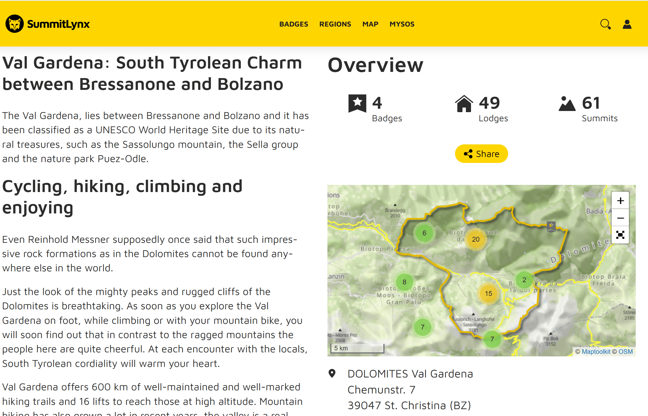 Skiing in Val Gardena and Alpe di Siusi: Ultimate Guide to Italy's Best Ski Resort 16 Screenshot of a SummitLynx webpage about Val Gardena, highlighting its UNESCO status, outdoor activities, an overview map, and location details, with icons showing badges earned, regions, logins, and summit points.